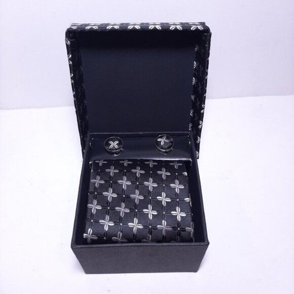 NEW 3-Pc Boxed Gift Tie Set Coordinated Print Cuff Links Pocket Square - Picture 2 of 8
